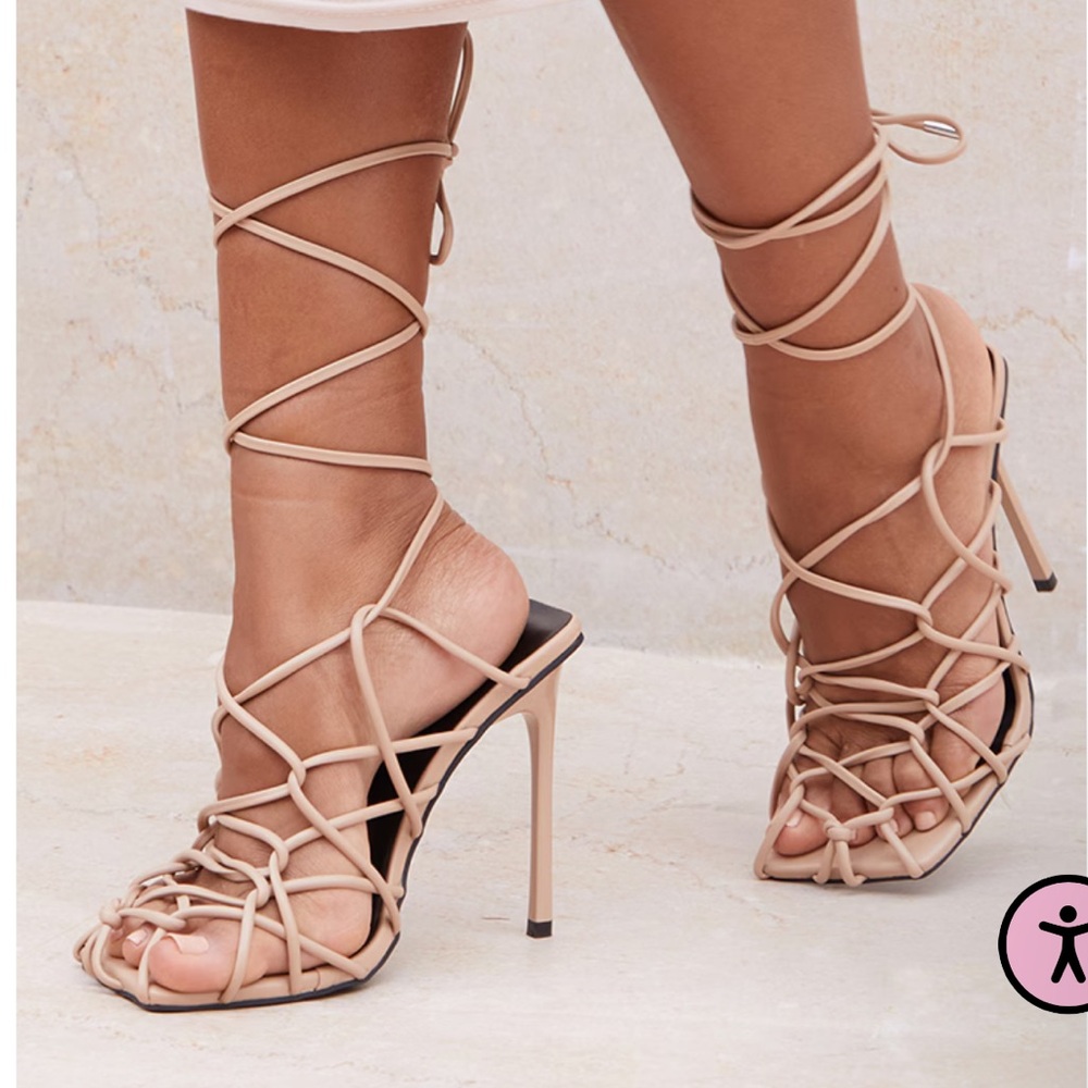 Prettylittlething Stone Multi Strap Square Toe Heeled Sandals
